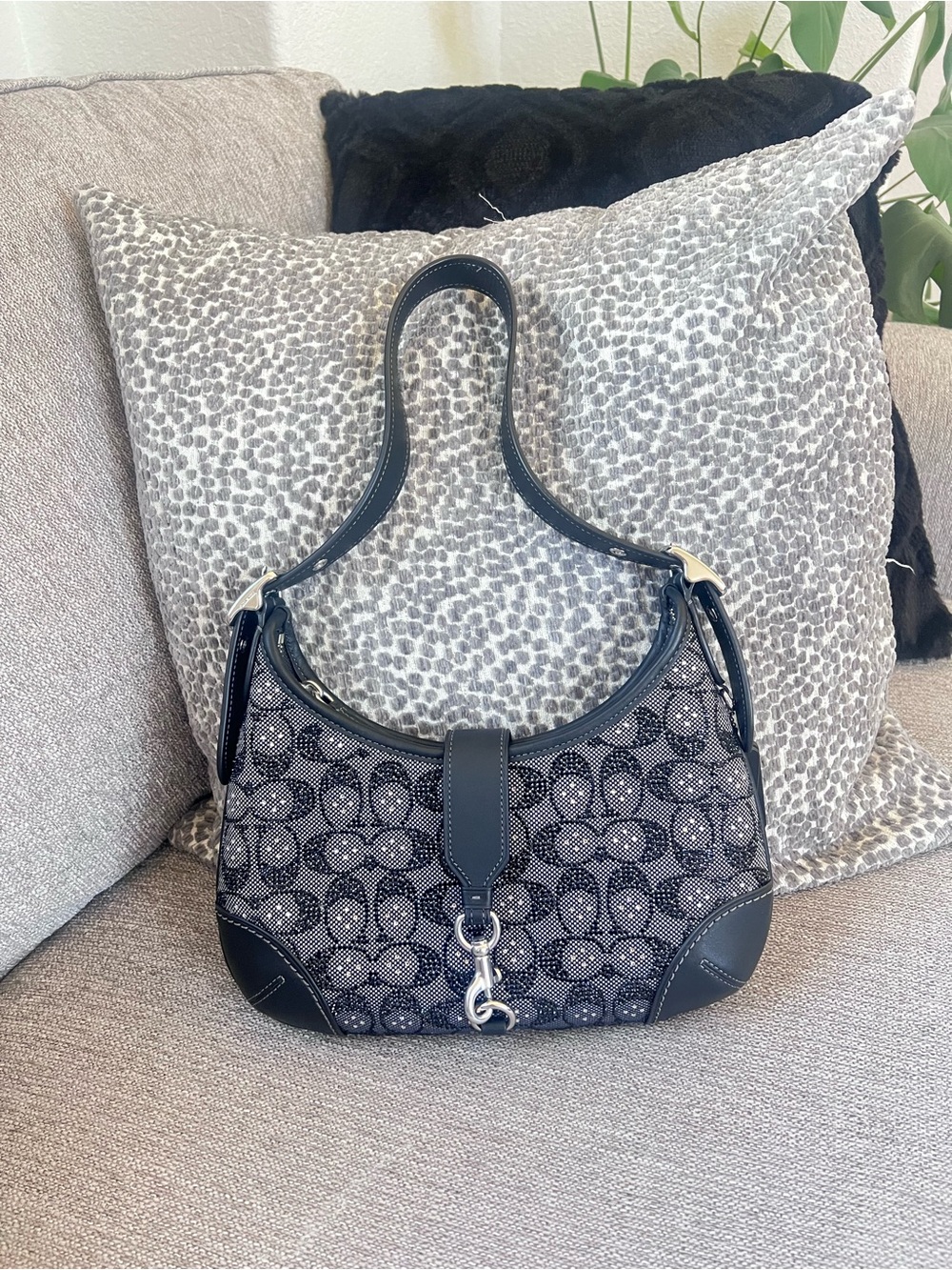 Coach Black Crystal Signature Jacquard Hamptons Hobo Bag
